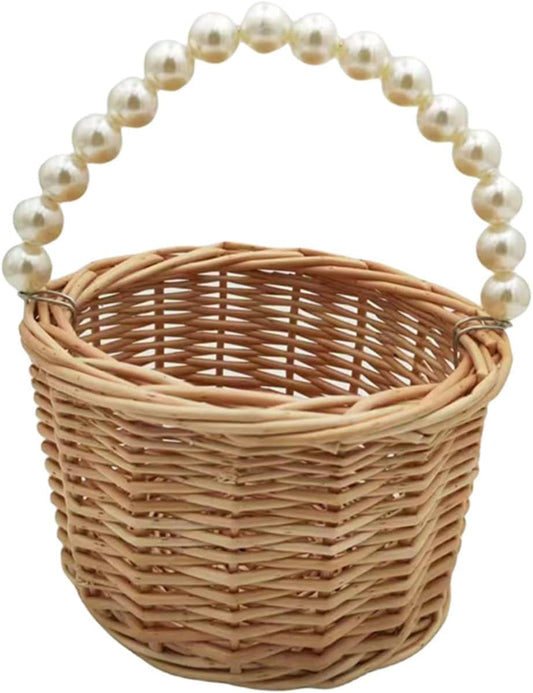 Rustic Wicker Rattan Wedding Flower Girl Baskets,Woven Rattan Storage Basket with Pearl Handles,Woven Eggs Candy Basket for Wedding Home Garden Decor (H1)