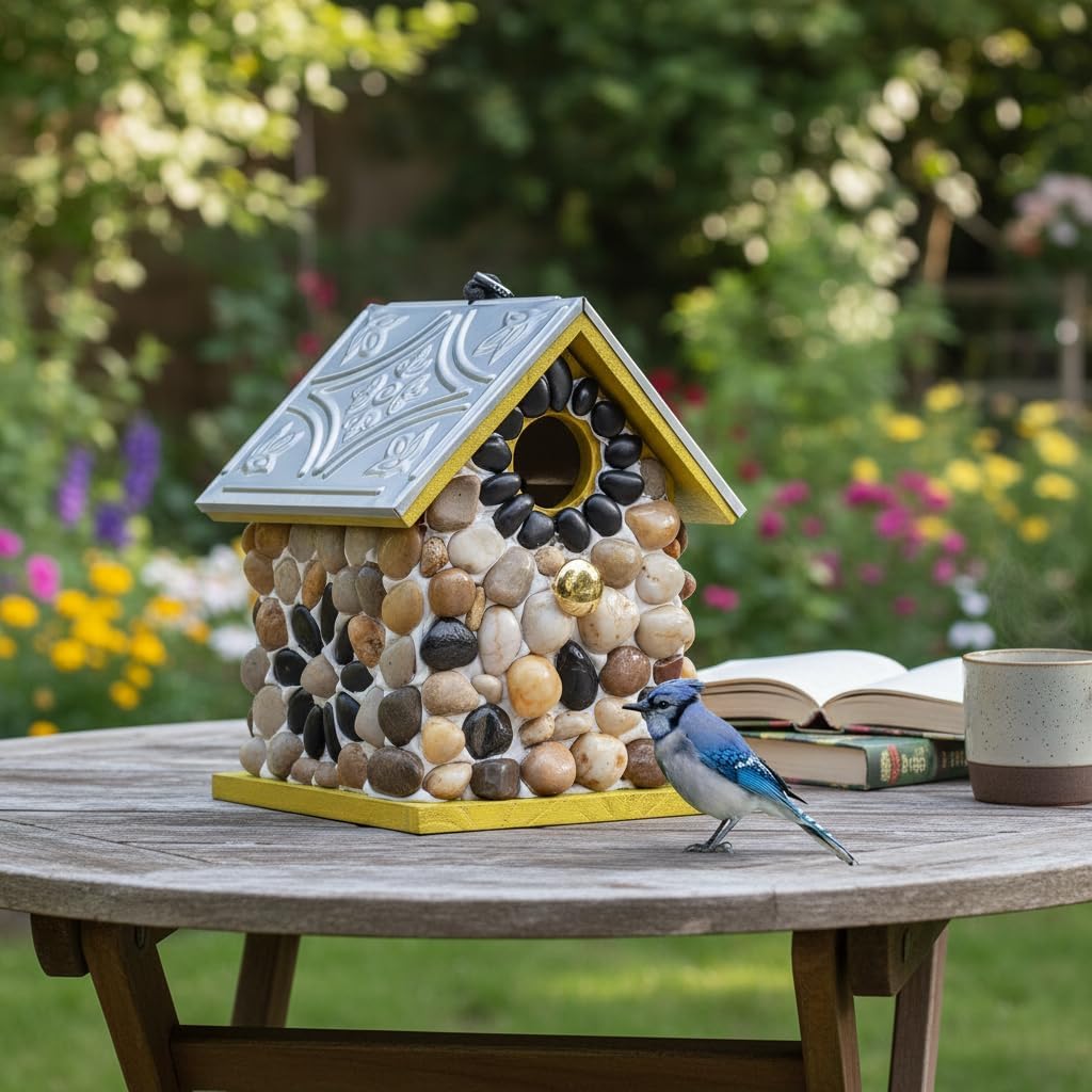 Premium River Pebble Bluebird House – Cedar Wood Outdoor Birdhouse with Embedded Metal Roof, Weather-Resistant Garden Nest Box for Wild Birds, Hanging & Pole Mountable (Yellow)