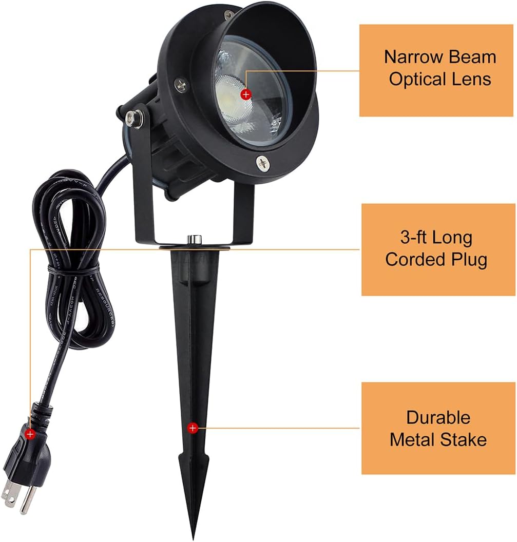 GBS9809 Flag Light Plug in Spotlight, 9W LED Outdoor Landscape Spotlight 120V 5000K Daylight, Metal Ground Stake, Corded Plug, Not Dimmable