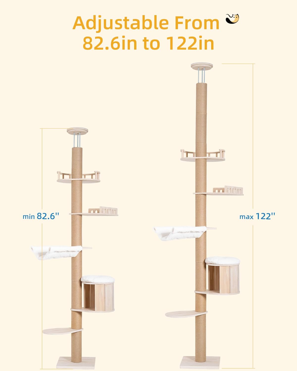Tall Floor to Ceiling Cat Tree for Large Cats, Cat Tower with Scratchi
