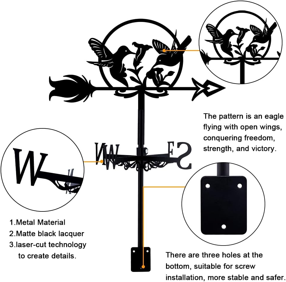 SUPERDANT Hummingbird Weathervane Birds Weather Vane for Yard Flowers Metal Wind Vanes Roof Mount for Outside Garden Black Weathervanes Farmhouse Farm Barn Sheds Patio Outdoor Decorations Gifts