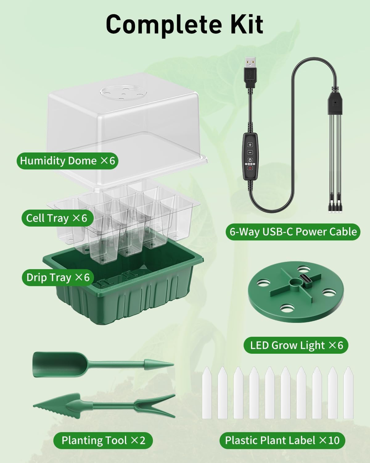 Pawfly 6 Pack Seed Starter Kit, 72 Cells, Seed Starter Trays with Adju