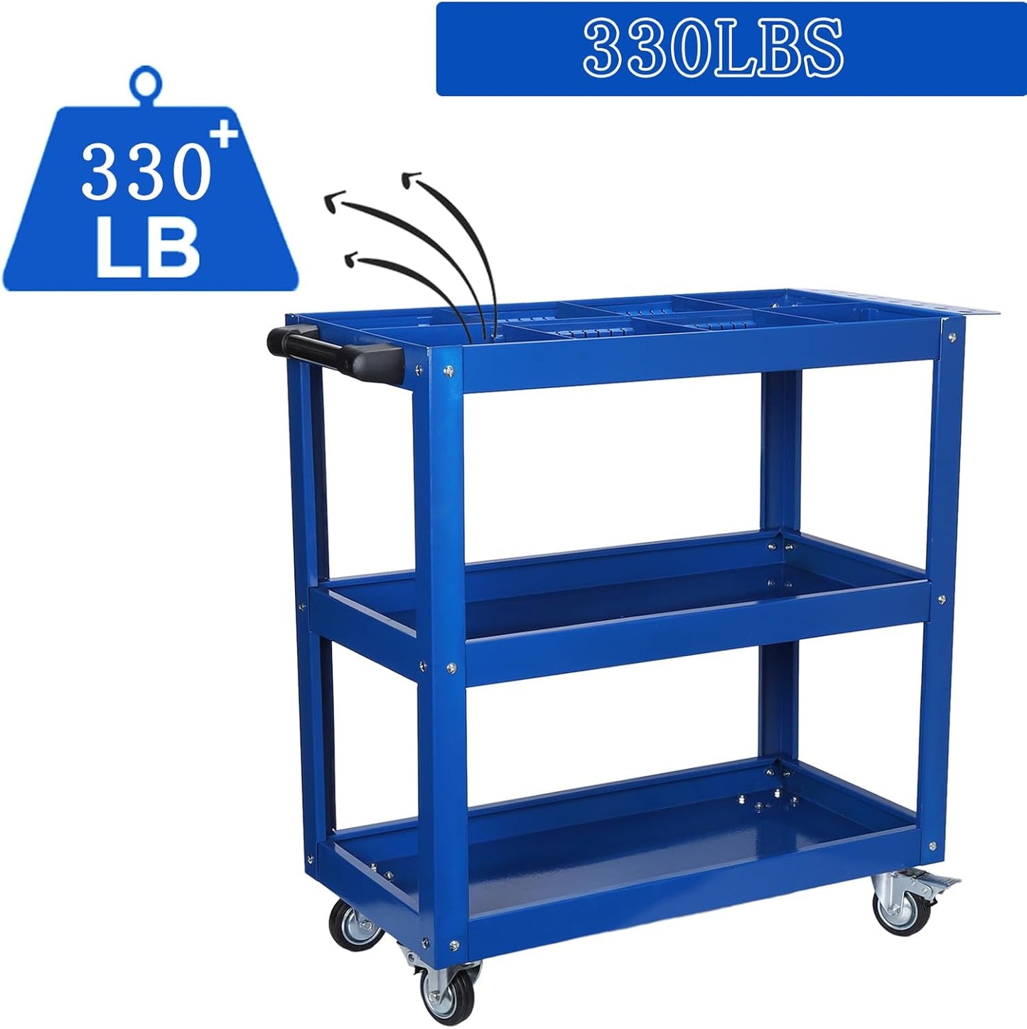 3 Tier Large Capacity Tool Cart, 330 lbs Tool Trolley with Adjustable 