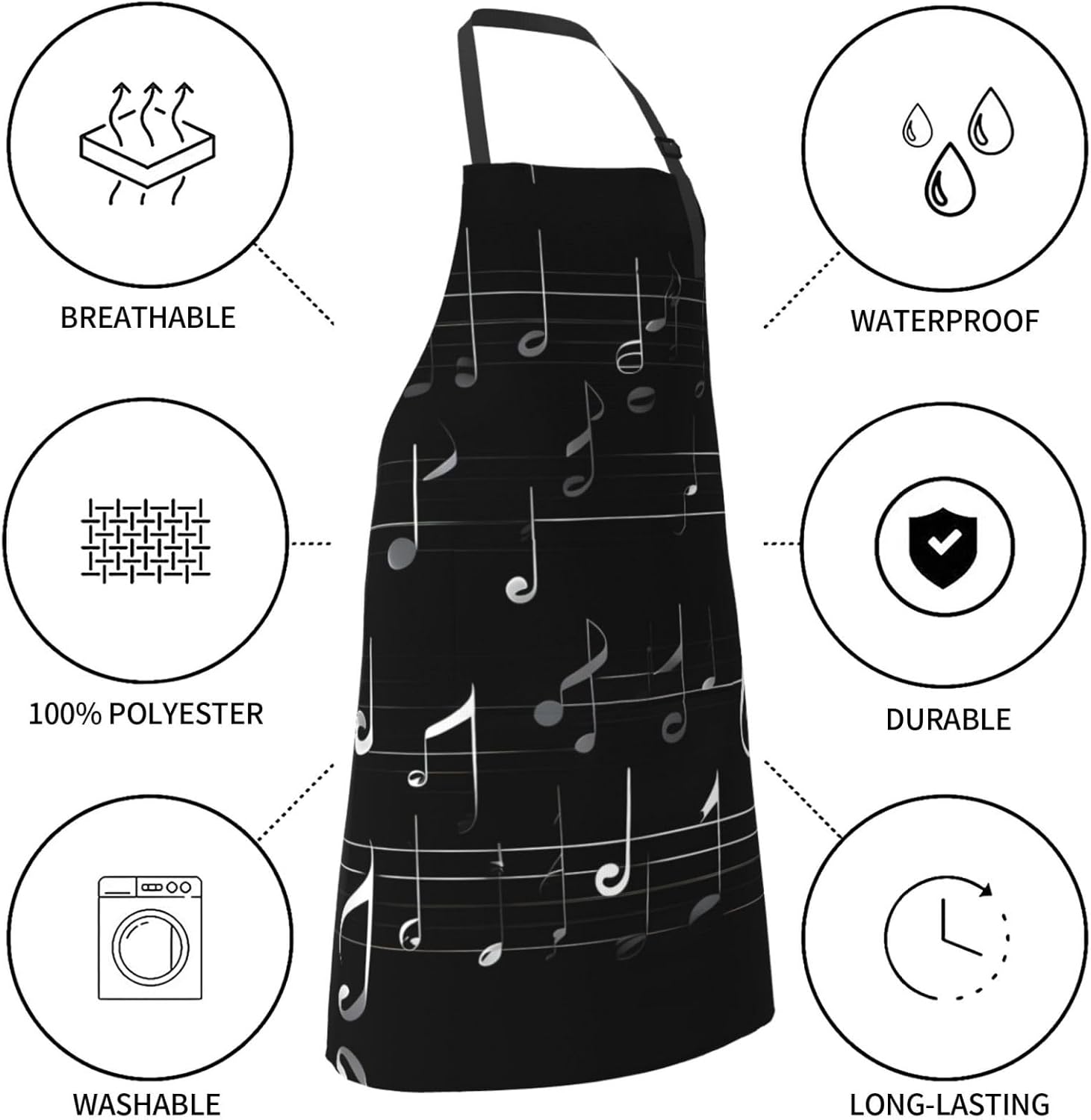 Black Music Notes Print Laundry apron 28x33 In Waterproof Kitchen Apro