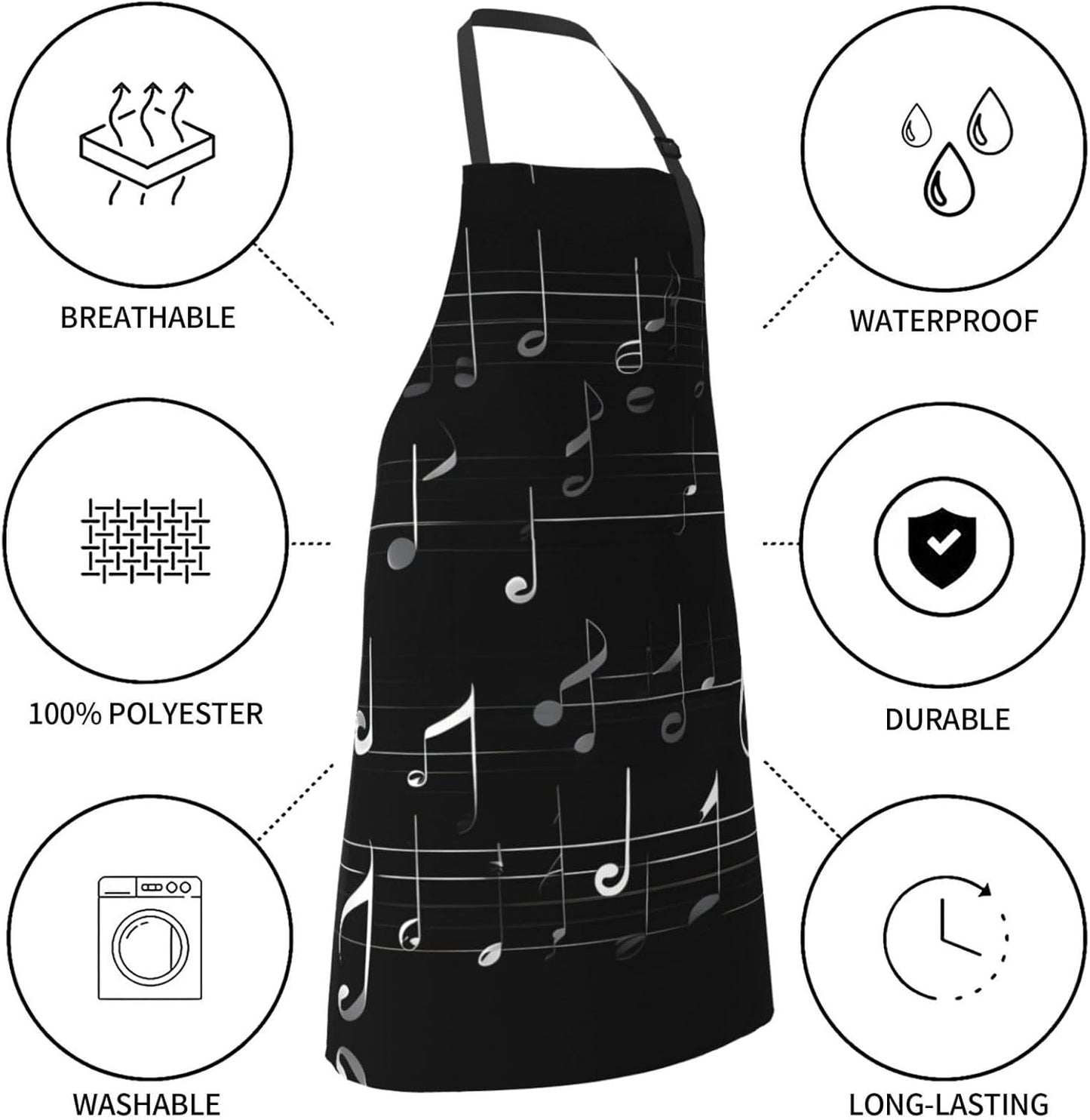 Black Music Notes Print Laundry apron 28x33 In Waterproof Kitchen Apron with Pockets for Cooking Baking