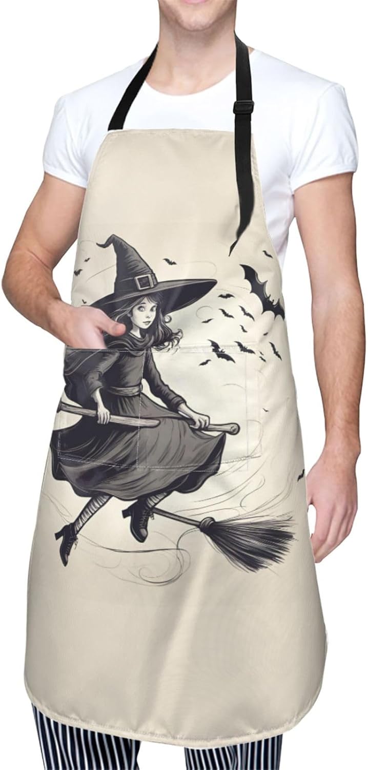 Halloween Witch Flying 1 print Waterproof chef's apron with pocket apron for kitchen cooking baking barbecue and gardening