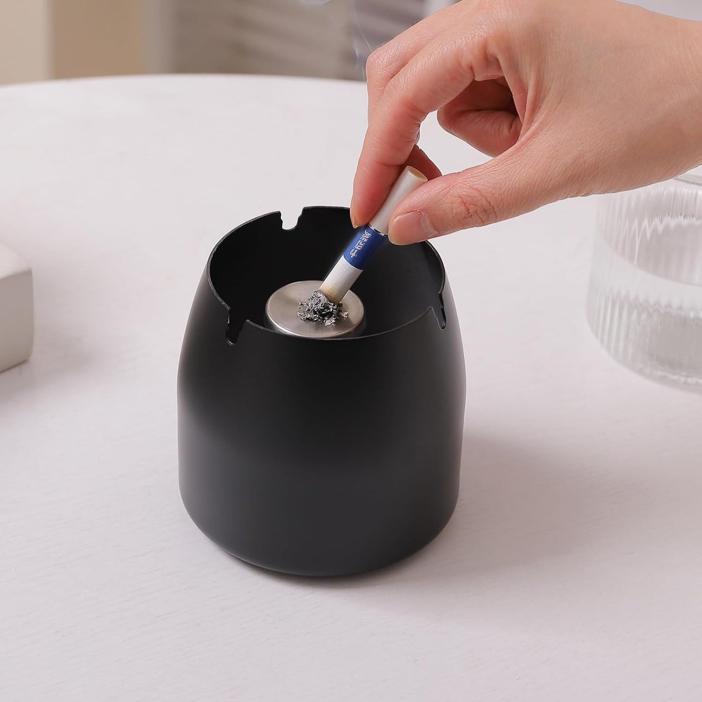 Ashtray with Lid for Cigarette, Stainless Steel Smokeless Odorless Windproof Ashtrays for Home Office Tabletop Outside Patio Outdoor Balcony(3.54"x3.0"x3.38")