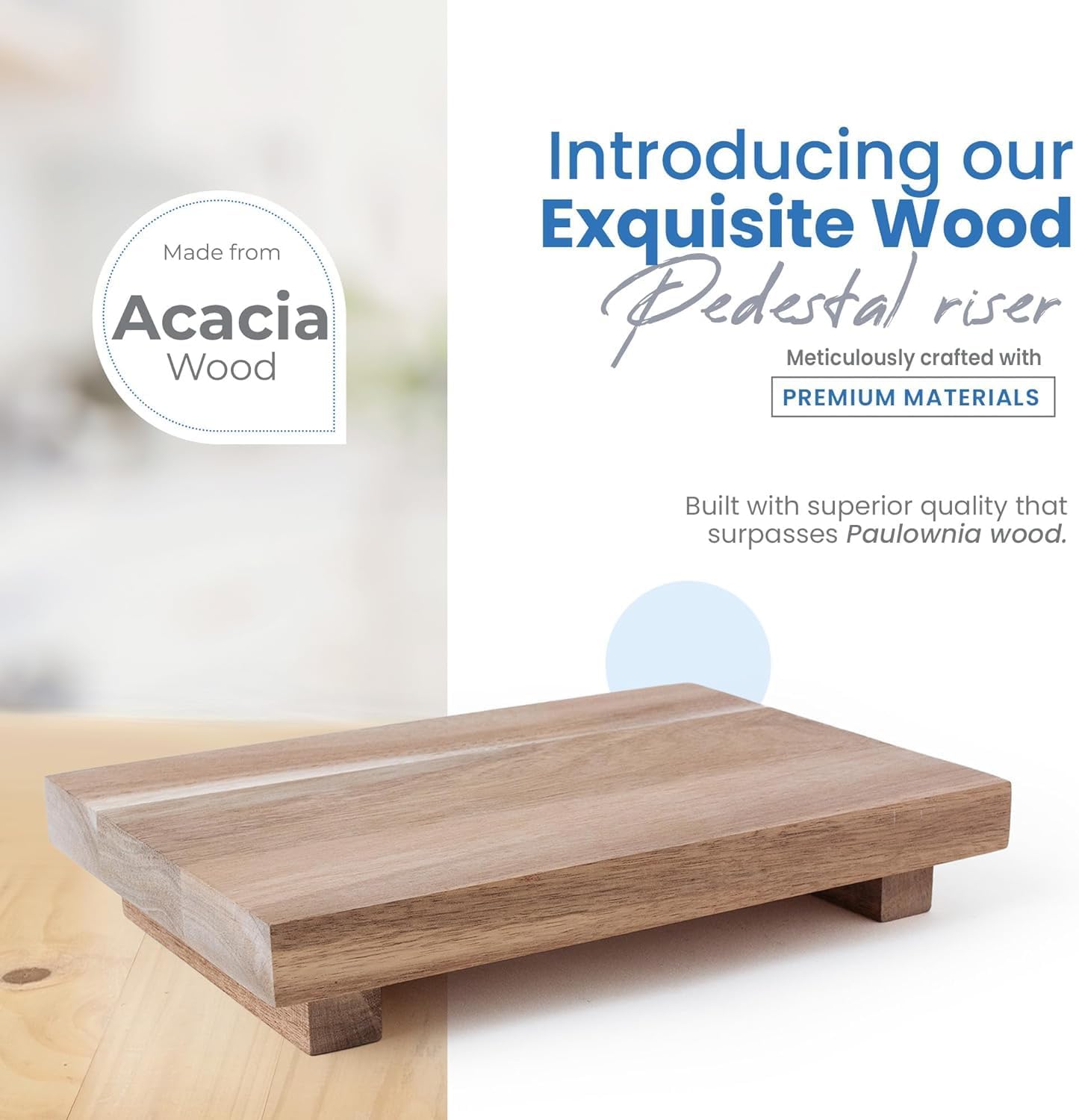 Homesty Wood Risers for Decor - Acacia Wood Tray for Kitchen Counter - Pedestal Stand for Bathroom Counter Decor - Wooden Riser, Dish Soap Tray, Soap Stand (Natural)