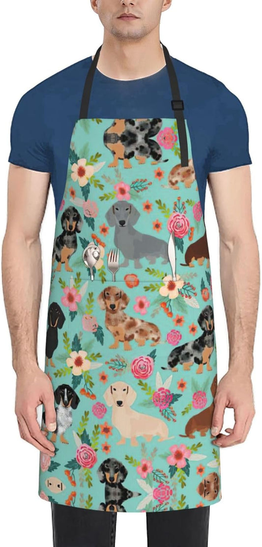 Dog Floral print Waterproof apron with pocket adjustable cooking apron for adult kitchen bibs to bake