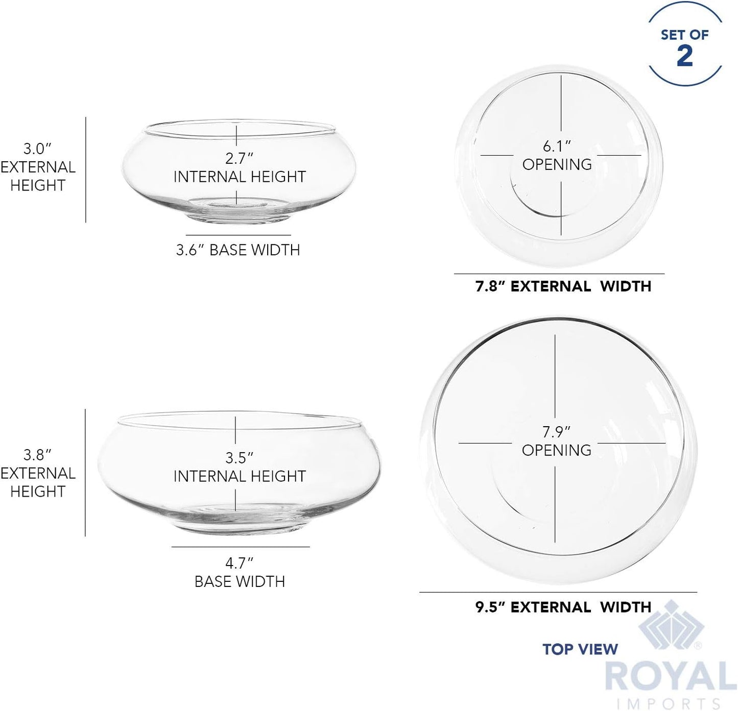 Royal Imports Round Glass Vase Set of 2 – Clear Decorative Glass Bowls for Flowers, Terrariums, Succulent Planters, Bubble Vases, Floral Decor Centerpieces, Glass Flower Pots for Home or Wedding Décor