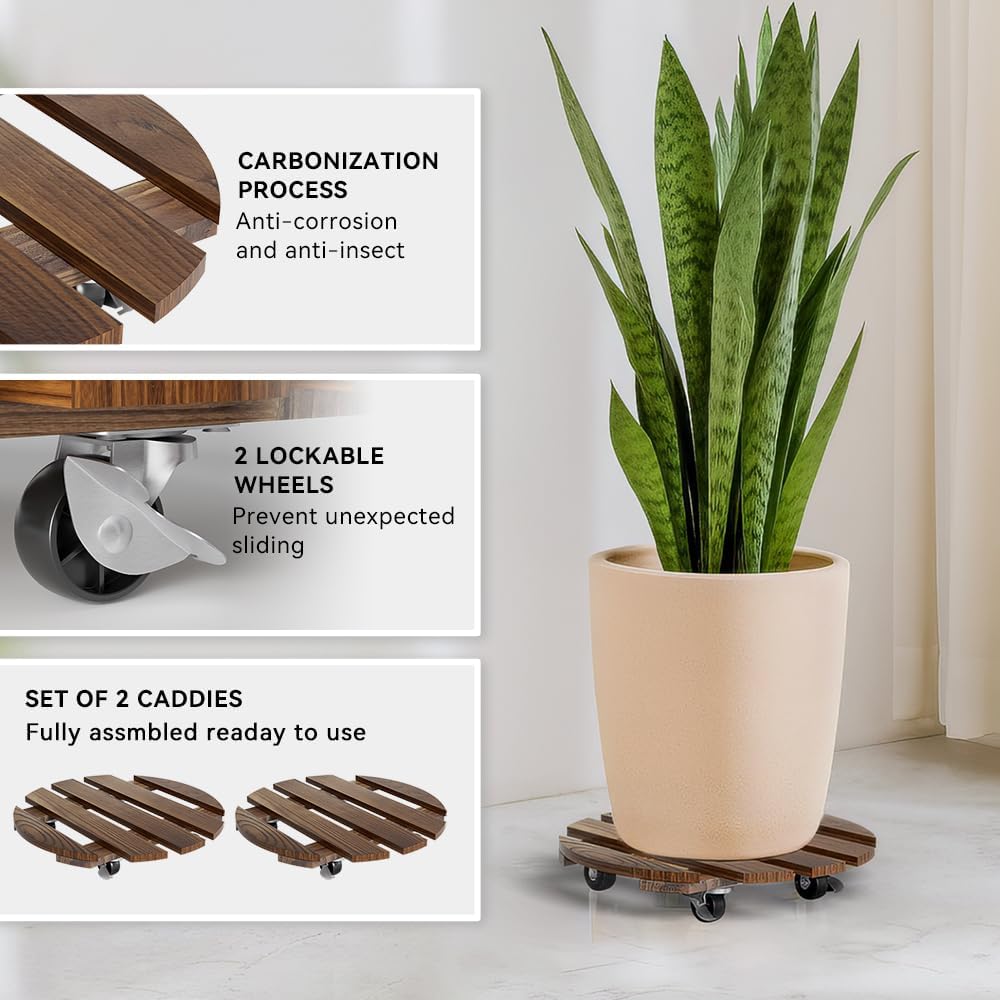 2 Pack Plant Stand Indoor and Outdoor, 12IN Premium Wooden Plant Caddy