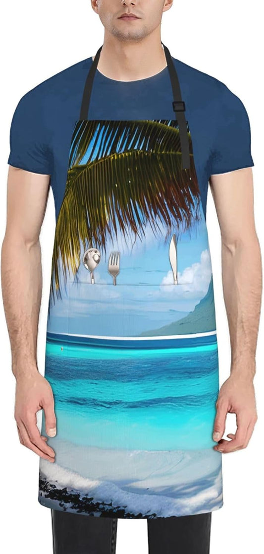 YANYU Tahiti Beach Print 28x33 In Kitchen Apron Stylish Chef Apron with Pockets for Cooking Baking Painting