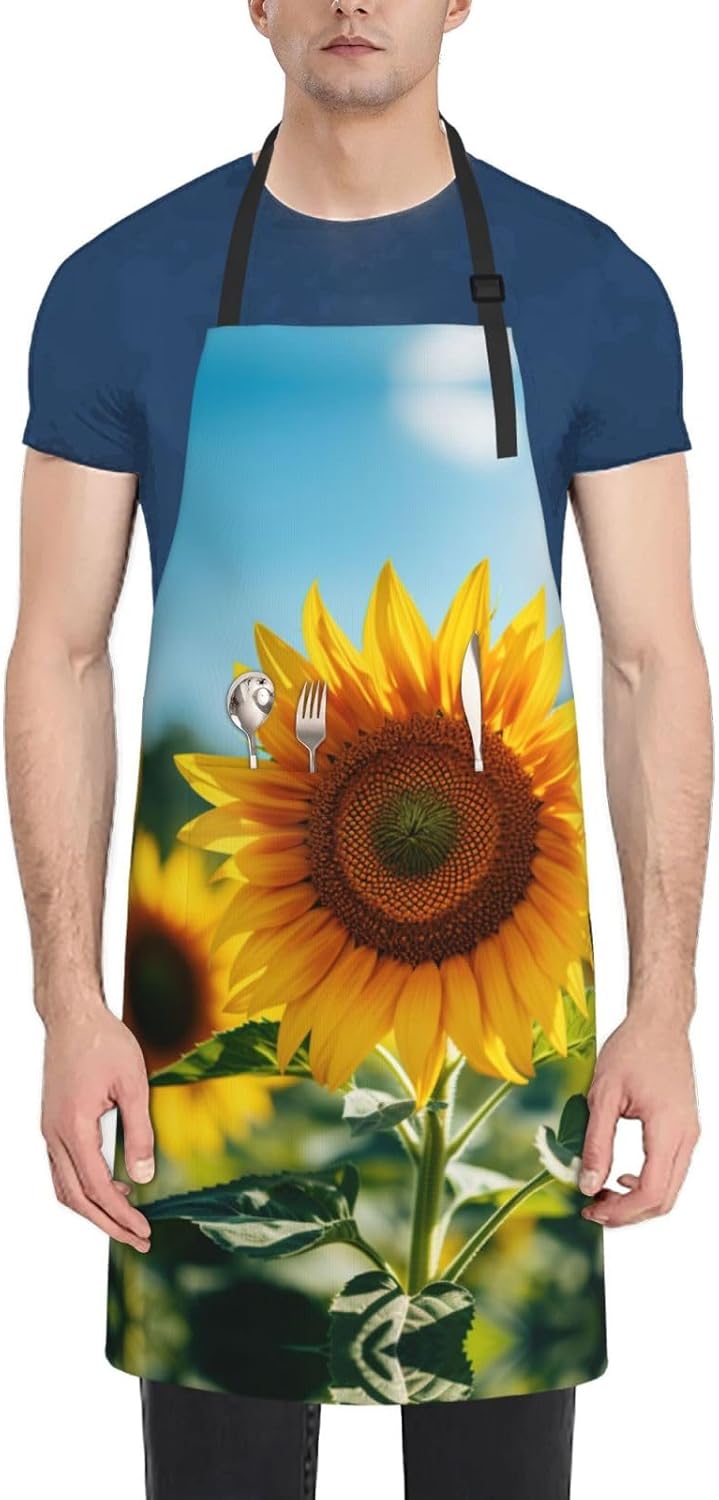 sunflower print Waterproof apron with pocket adjustable cooking apron 