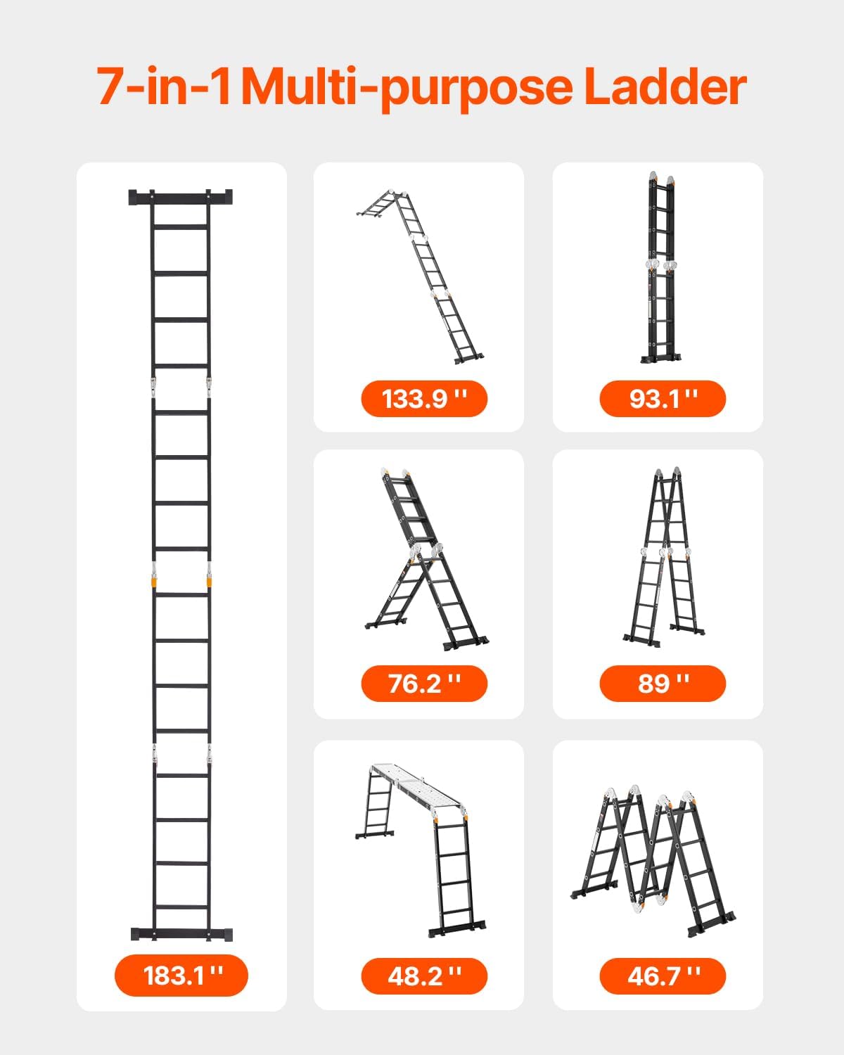 VEVOR Multi-Purpose Folding Ladder, 7-in-1 Tall Extension Step Ladder,
