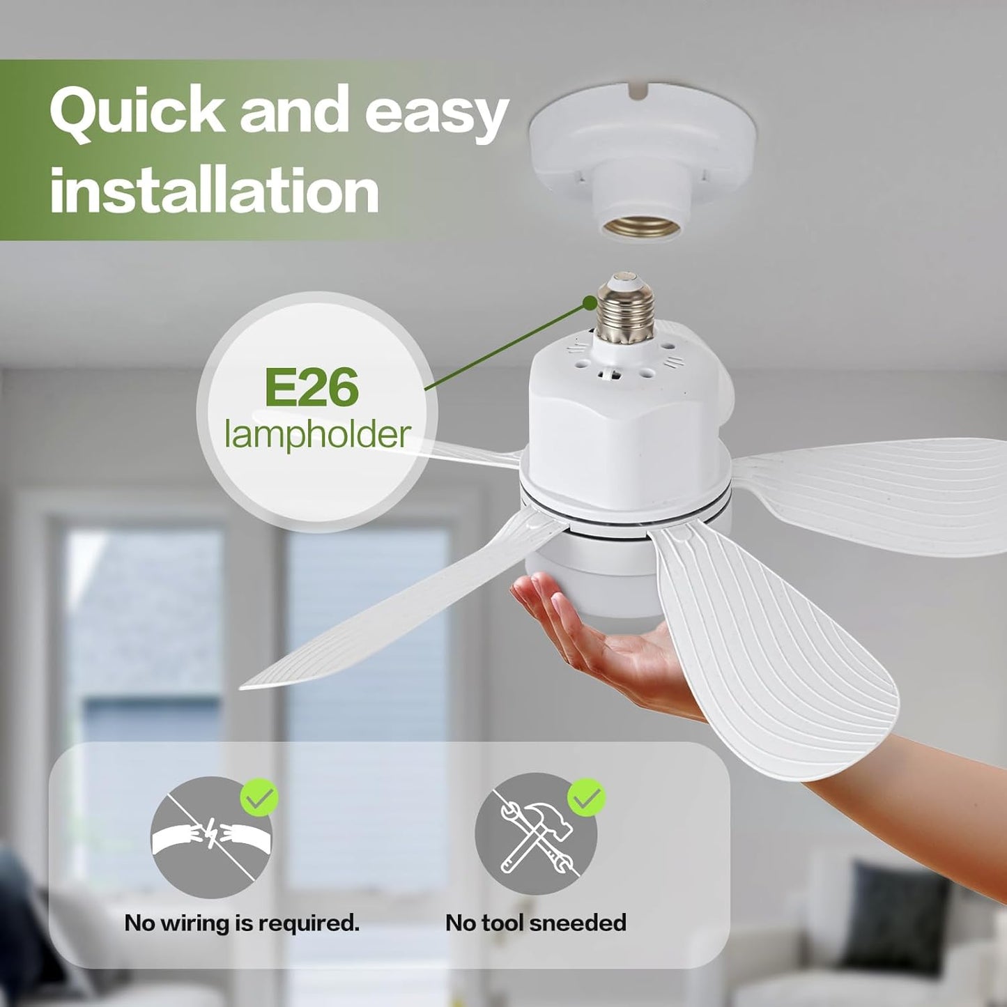 Socket Breeze Socket Fan Light with Remote Control, Portable Small Ceiling Fans with Lights for Bedroom, Kitchen, Living Room, with Dimming Function, 1000 Lumens, Screws into E26/E27