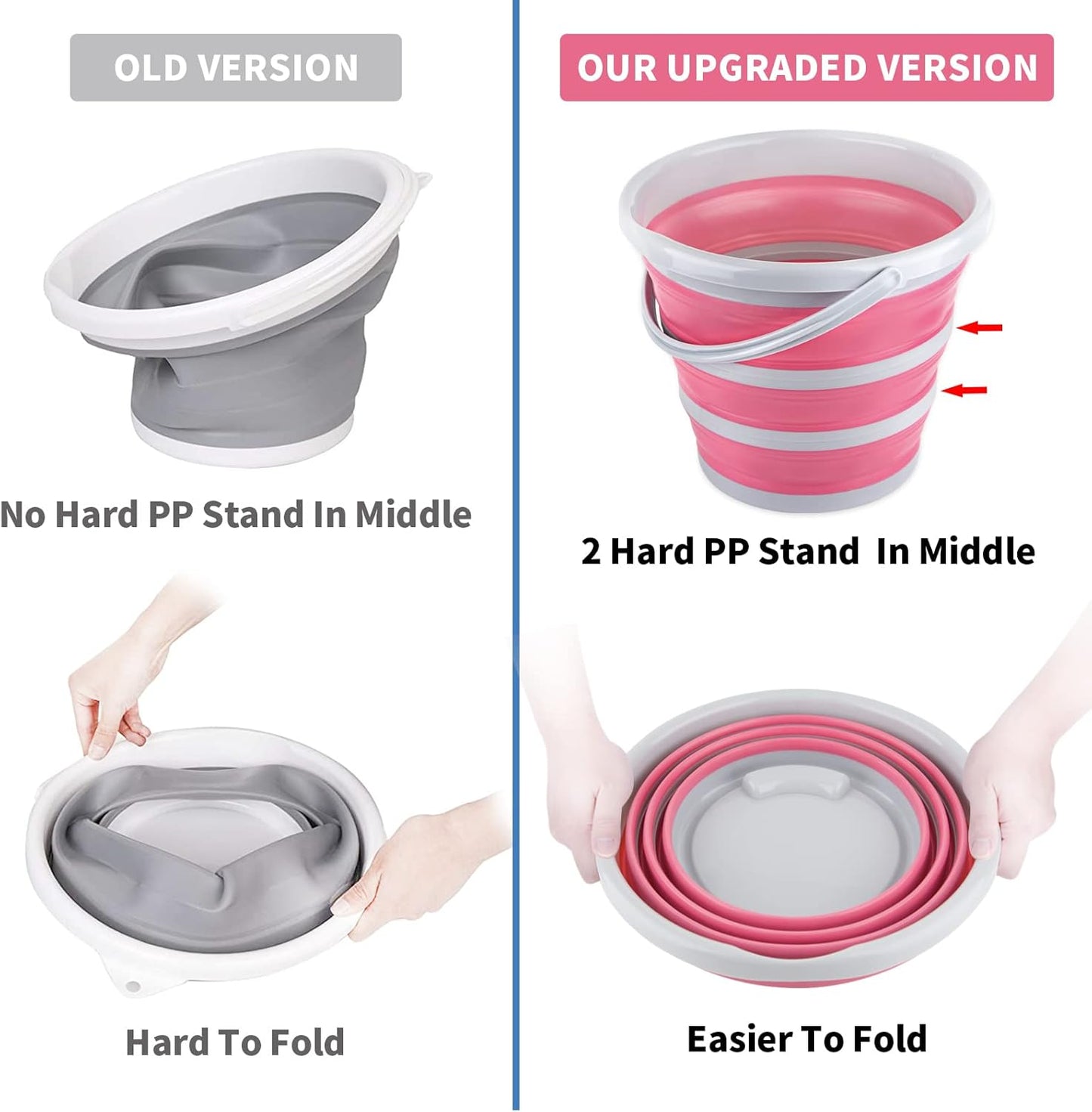 Collapsible Bucket 10L 2.6 Gallon Cleaning Bucket Mop Bucket Folding Foldable Portable Small Plastic Water Supplies for Outdoor Garden Camping Fishing Car Wash Space Saving Grey and Pink