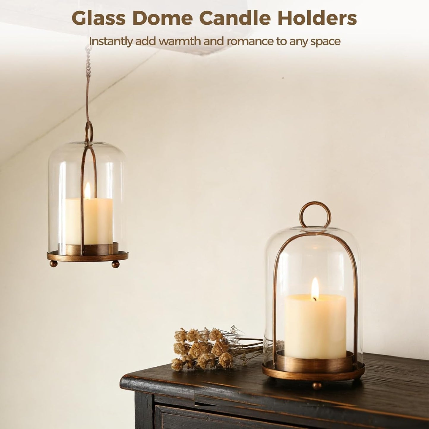 2 Pcs Glass Dome Candle Holders with Cloche Cover, Hanging Candle Lanterns with Hooks, Vintage Glass Cloches with Metal Base, Decorative Plant Display Stands for Tabletop, Mantel, Shelf