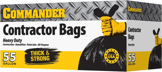Commander 55 Gallon 3 MIL (eq) Heavy Duty Contractor Bags with Flap Ties - 36" x 56" with flaps - Pack of 10 - For Contractor, Industrial, & Outdoor