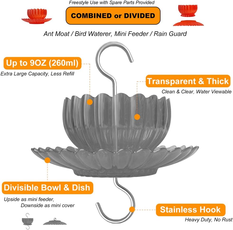 Ant Moat for Hummingbird Feeder - Freestyle 9 OZ Extra Large Capacity Insect Guard - Red Daisy Bowl & Dish