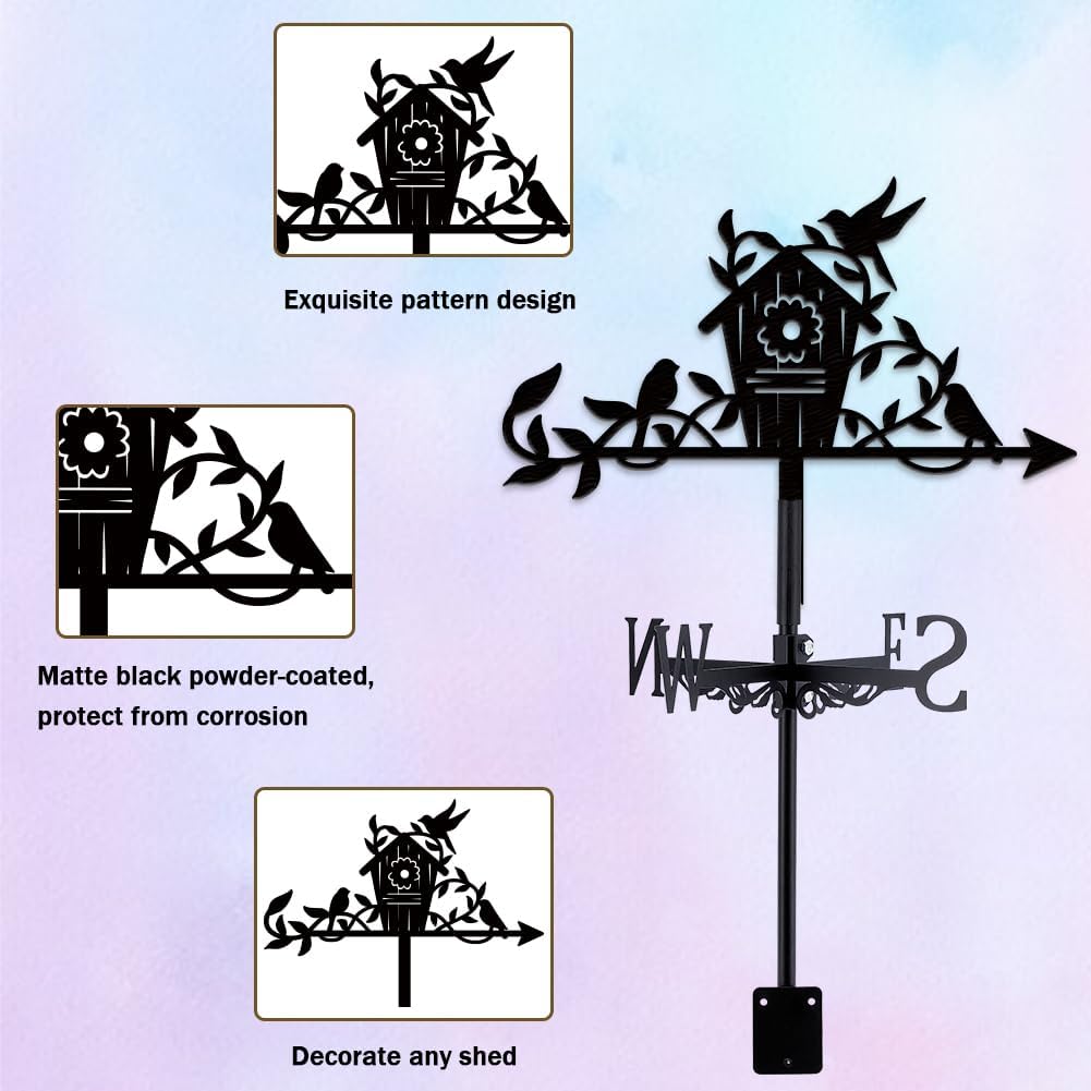 Birdhouse Weather Vane, Black Metal Weathervane Roof Mount, Wind Direction Indicators Wind Measuring Tool Outdoor, Wind Vane Ornament Decoration for Shed Yard Farmhouse Patio Decor