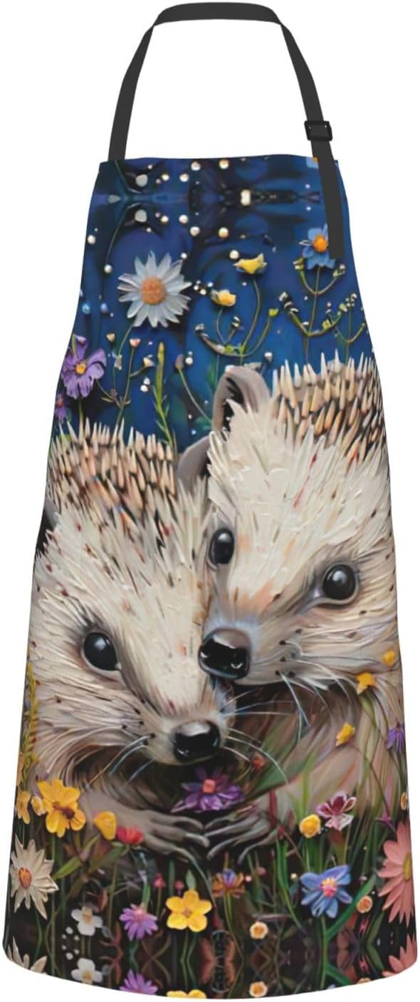 Floral Hedgehogs Print Laundry apron 28x33 In Waterproof Kitchen Apron with Pockets for Cooking Baking
