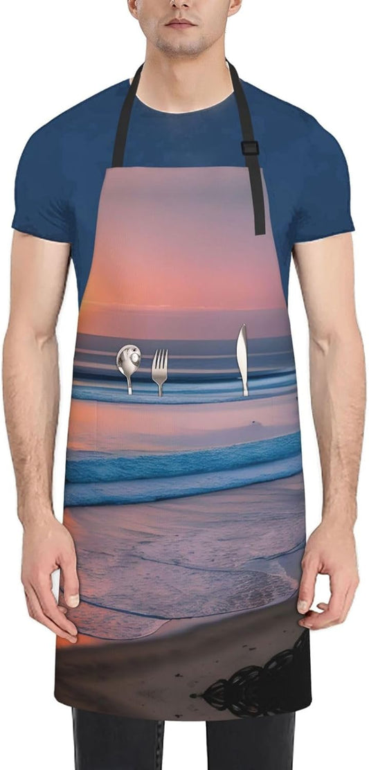 Sunset beach print Waterproof chef's apron with pocket apron for kitchen cooking baking barbecue and gardening