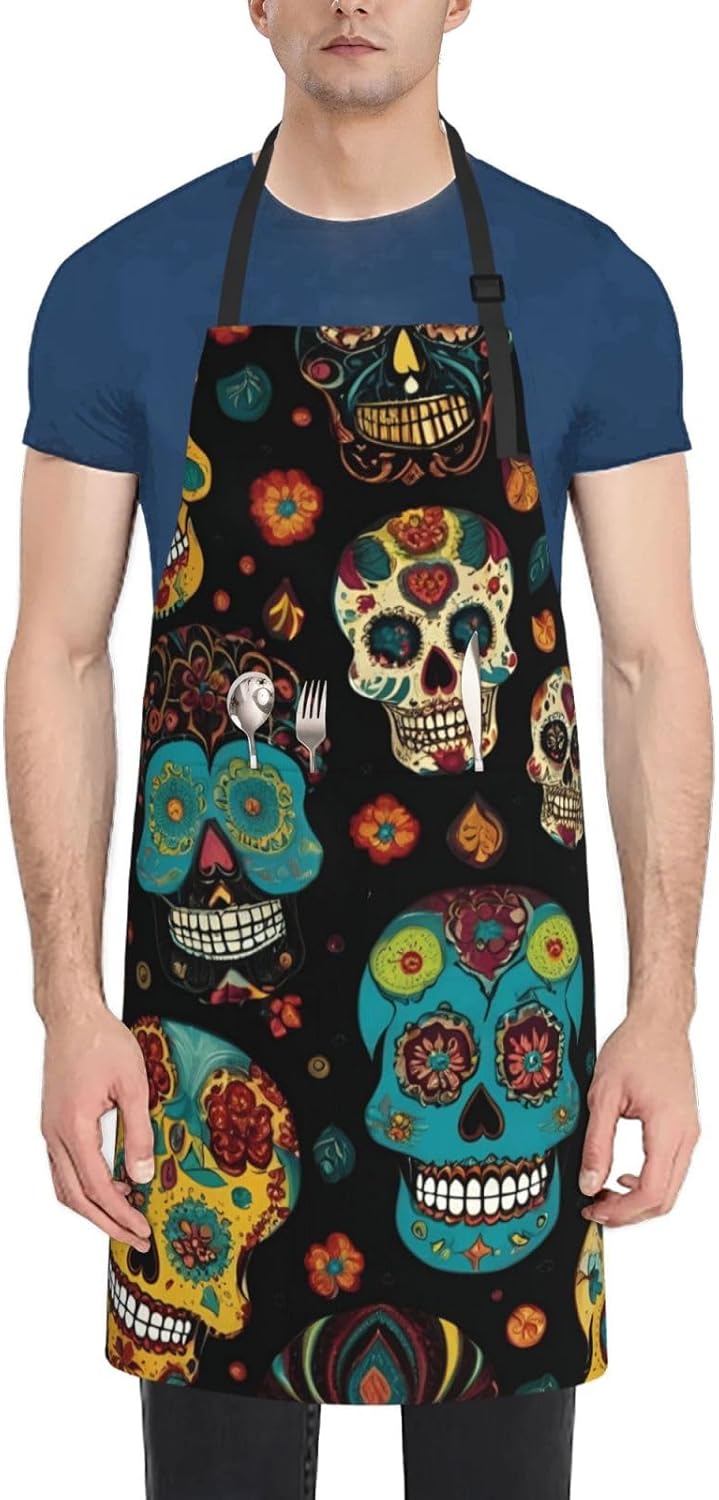 YANYU Sugar and Skulls Print 28x33 In Kitchen Apron Stylish Chef Apron with Pockets for Cooking Baking Painting