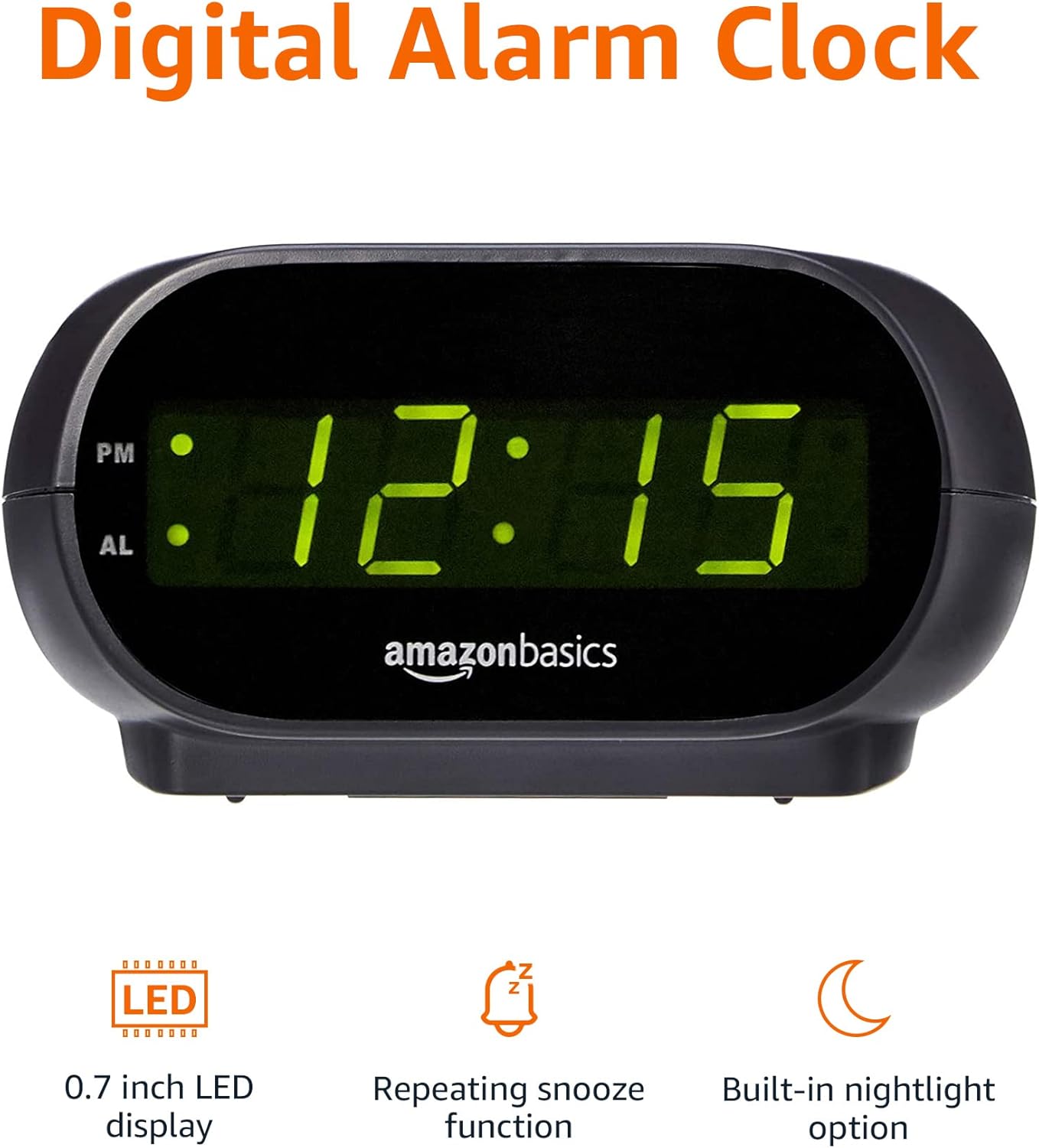 Amazon Basics Small Digital Oval Alarm Clock with LED Display, Nightli