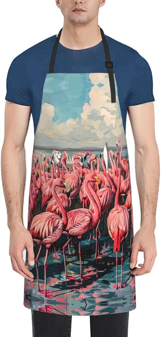 Flamingo print Waterproof chef's apron with pocket apron for kitchen cooking baking barbecue and gardening