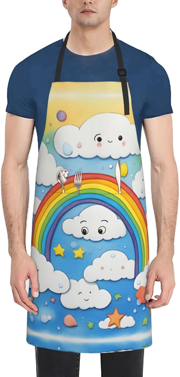 Rainbow Clouds Raindrop print Waterproof chef's apron with pocket apron for kitchen cooking baking barbecue and gardening