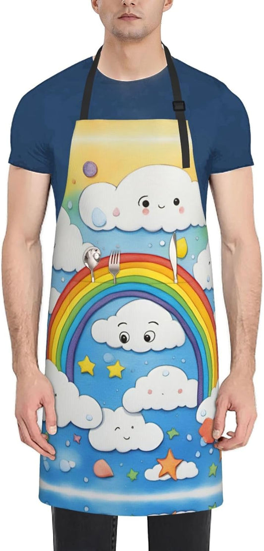Rainbow Clouds Raindrop print Waterproof chef's apron with pocket apron for kitchen cooking baking barbecue and gardening