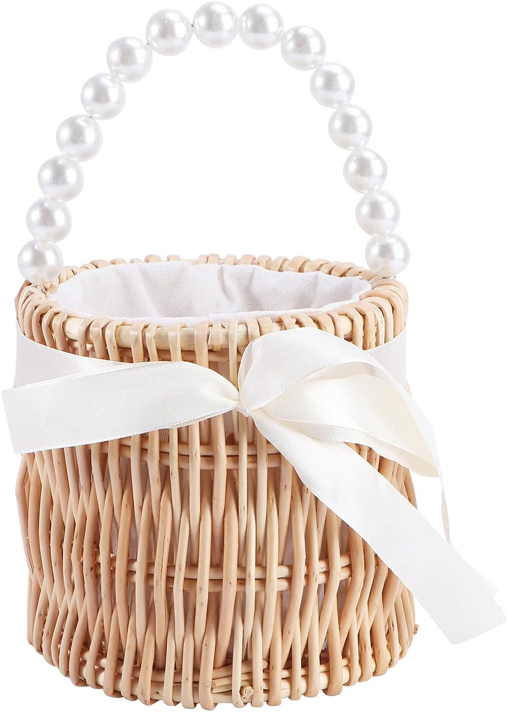 Wicker Flower Basket Rattan Flower Girl Basket Straw Basket Picnic Basket Purse Wedding Flower Girl Baskets with Pearl Handle Small Basket with Handle for Candy Garden Home