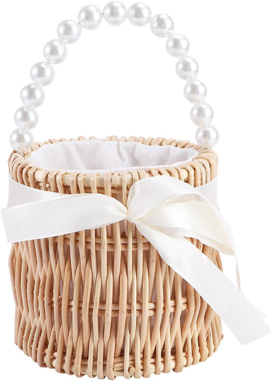 Wicker Flower Basket Rattan Flower Girl Basket Straw Basket Picnic Basket Purse Wedding Flower Girl Baskets with Pearl Handle Small Basket with Handle for Candy Garden Home