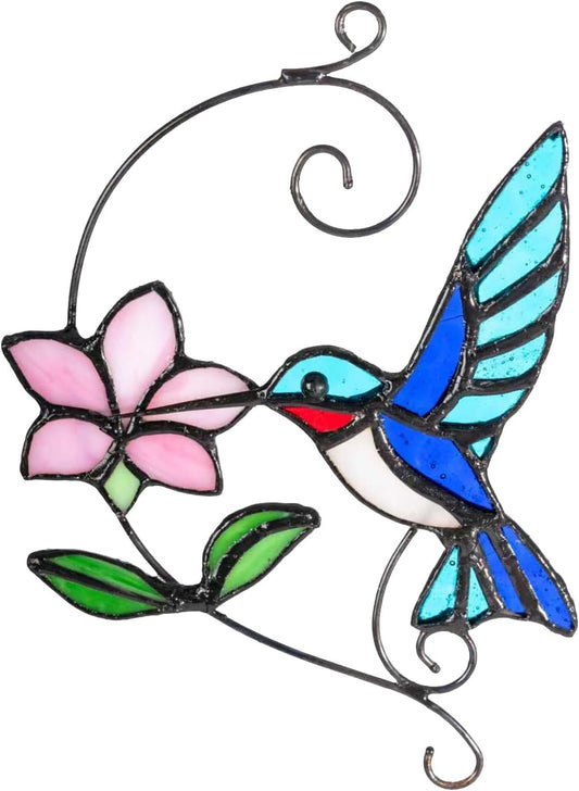 Blue Hummingbird Stained Glass Suncatcher with Flower, Handmade Window Hanging Light Catcher Bird Decor for Home & Garden, Glass Ornament Gift for Mom, Grandma & Nature Lovers