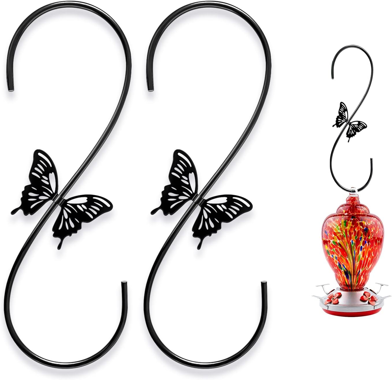Attractive Bird Feeders Hanger 12-Inch, 2PCS Metal Hummingbird Feeder Hook, Extension Hook with Butterfly Design, to Hang Bird Feeder, Wind Chimes, Lanterns (Black)