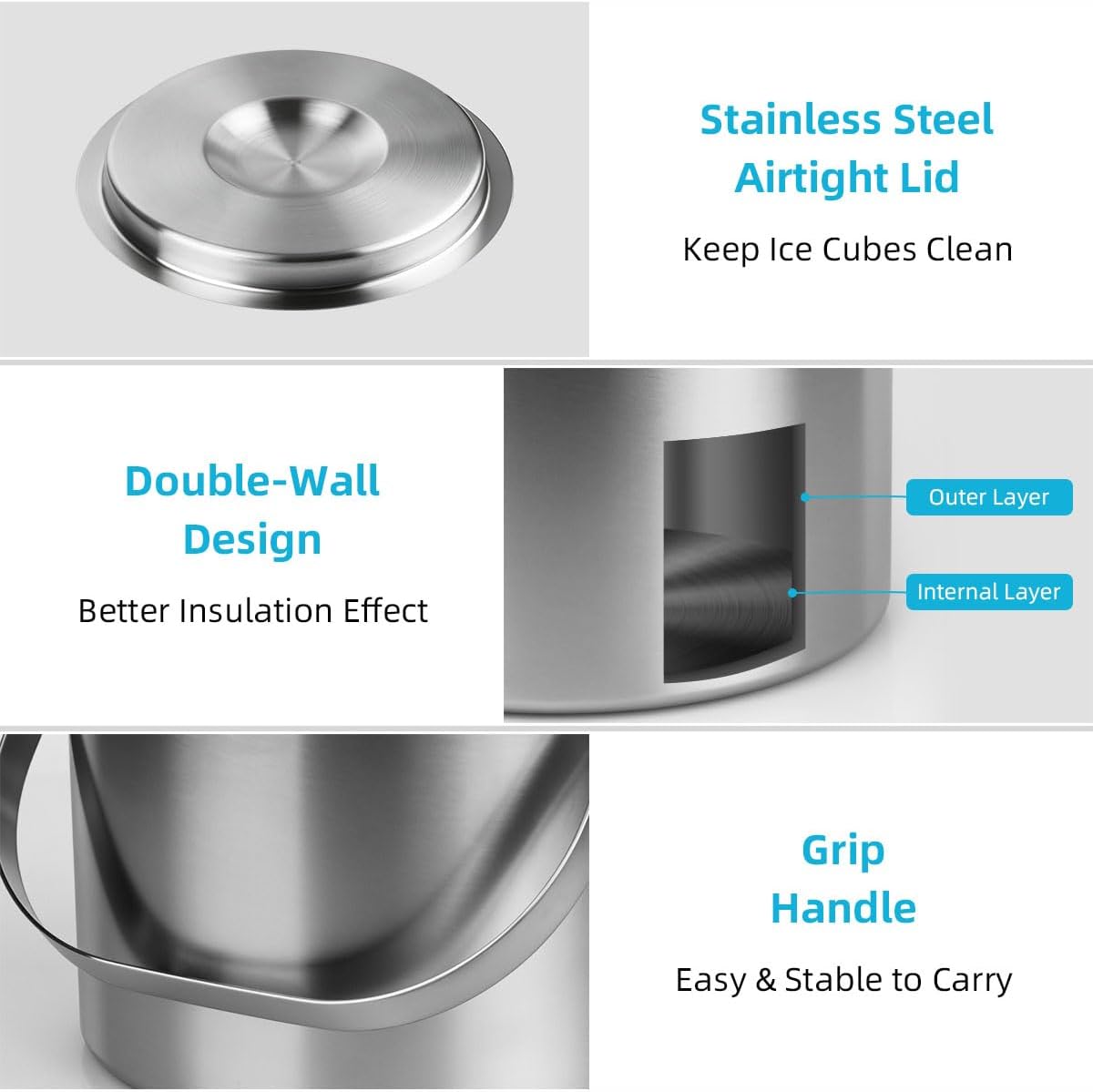 ChefBee Stainless Steel Ice Bucket - 3L Double-Wall Insulated Ice Buck