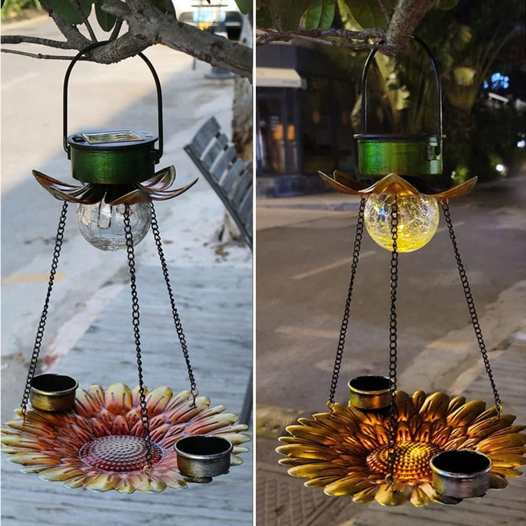 Bird Feeder Outdoor Hanging Bird Feeders Solar Flower LED Bird Feeder with Drinking Cup for Wild Bird Yard Decoration