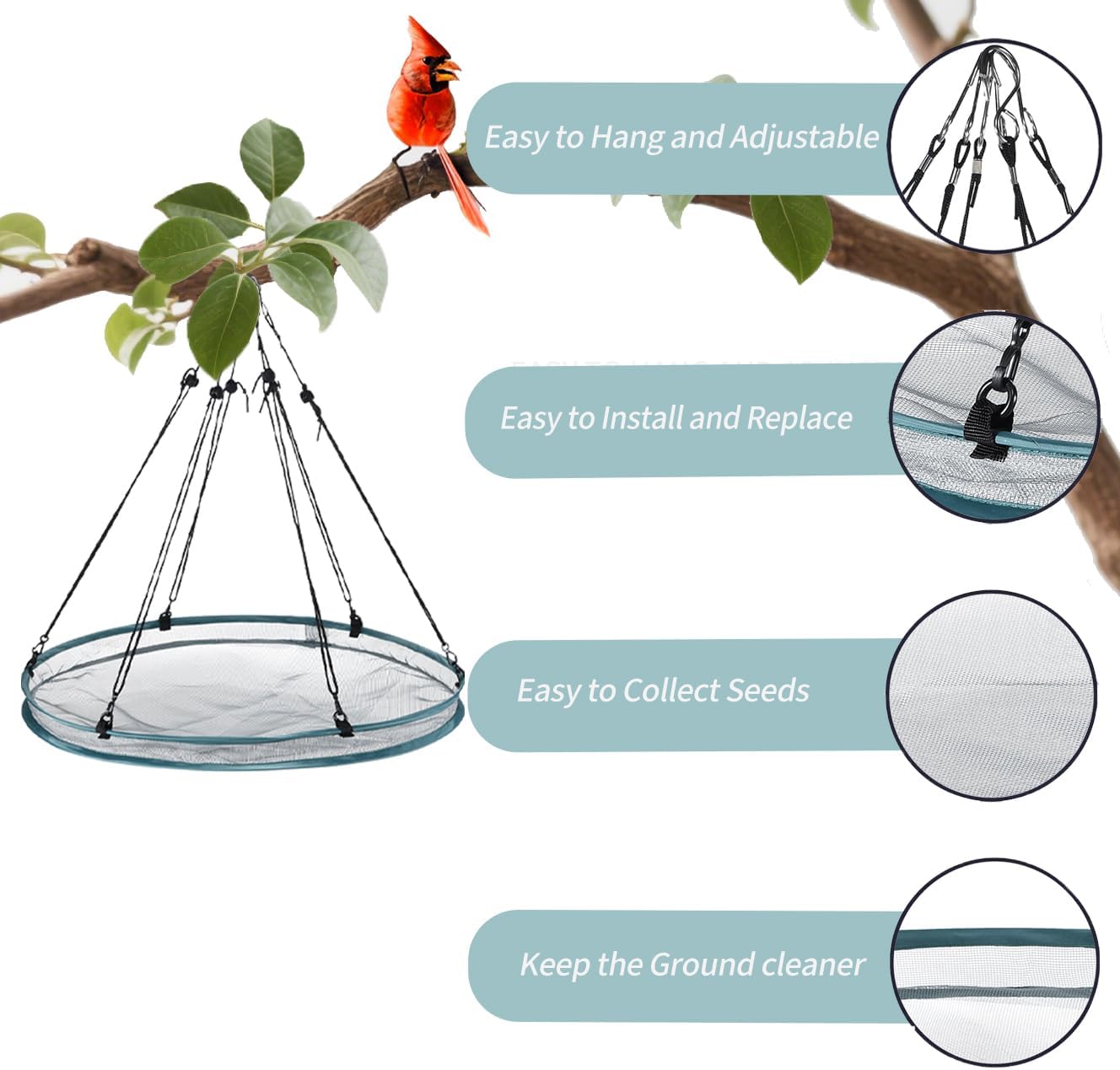 2 Pack Feeder Bird Seed Catcher Tray - Diameter Durable Outdoor Bird Feeding Platform with Adjustable Hanging Hoop and Seed Guard (Green, 24")