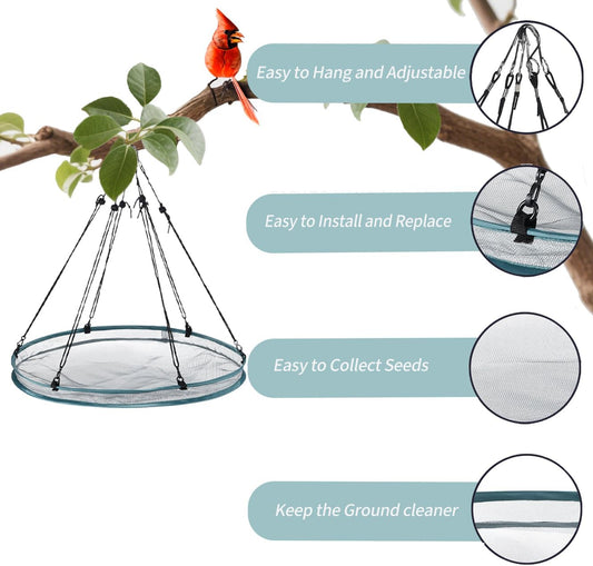 2 Pack Feeder Bird Seed Catcher Tray - Diameter Durable Outdoor Bird Feeding Platform with Adjustable Hanging Hoop and Seed Guard (Green, 24")