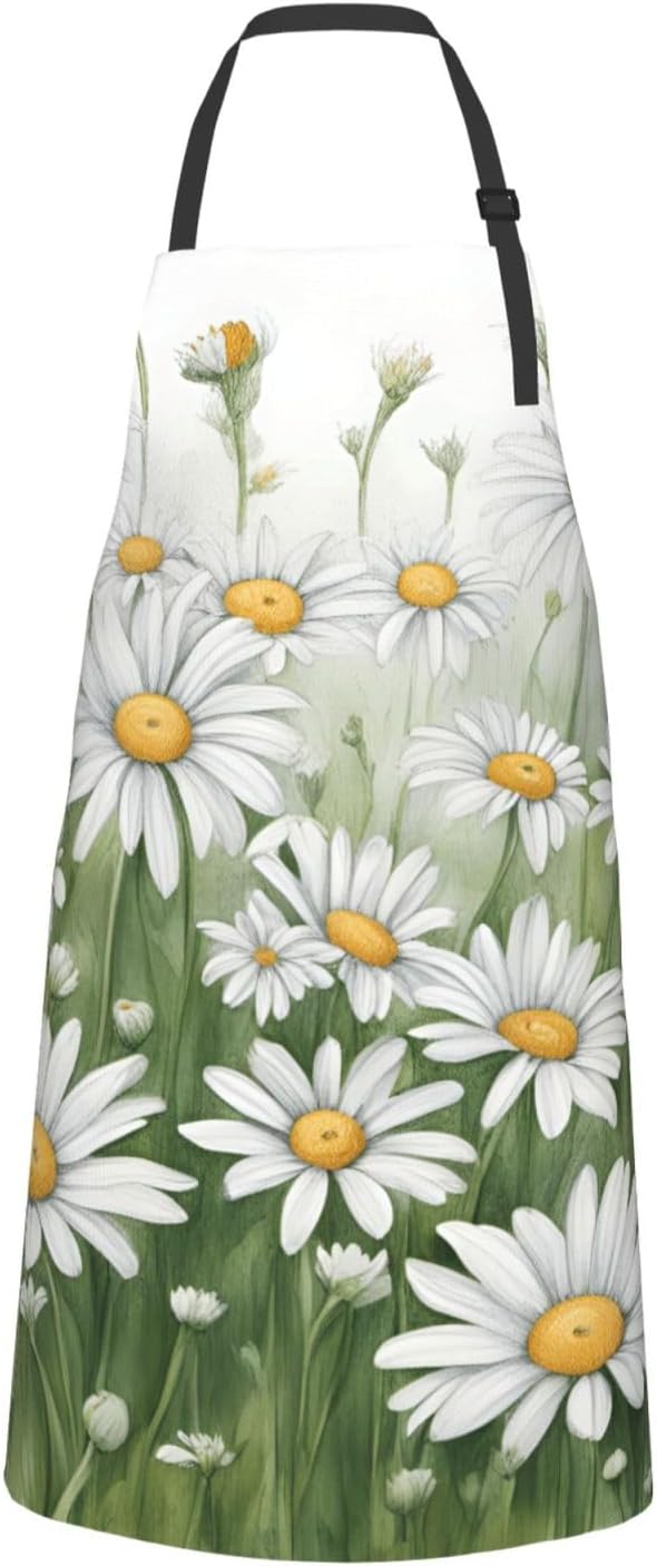 YANYU White Daisy Print 28x33 In Kitchen Apron Stylish Chef Apron with Pockets for Cooking Baking Painting