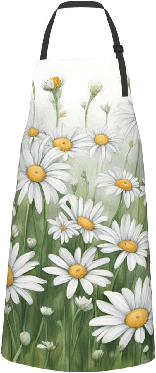 YANYU White Daisy Print 28x33 In Kitchen Apron Stylish Chef Apron with Pockets for Cooking Baking Painting