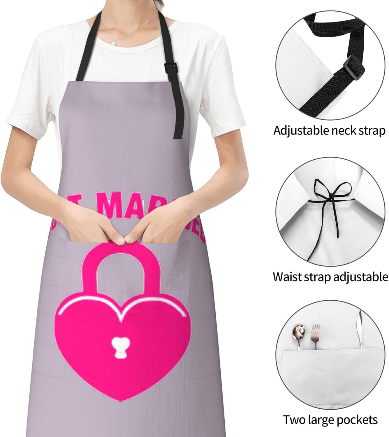 just married Print 28x33 In Adult Kitchen Apron with Pockets Versatile Chef Smock for Cooking Baking
