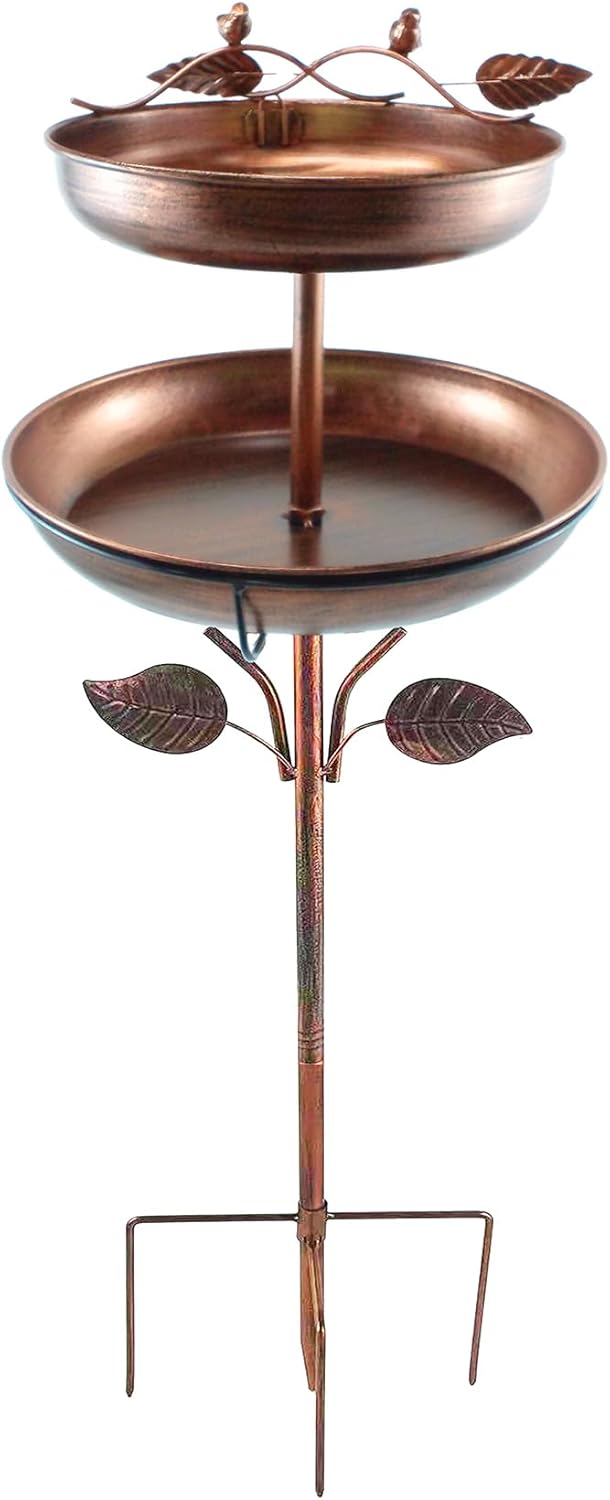 Decorative 2-Tier Bird Bath Feeder with Leaf Design Copper Metal Finish, Garden Stake Style, Outdoor Bird Feeding Station (36.7in*11.8in*9.84in)