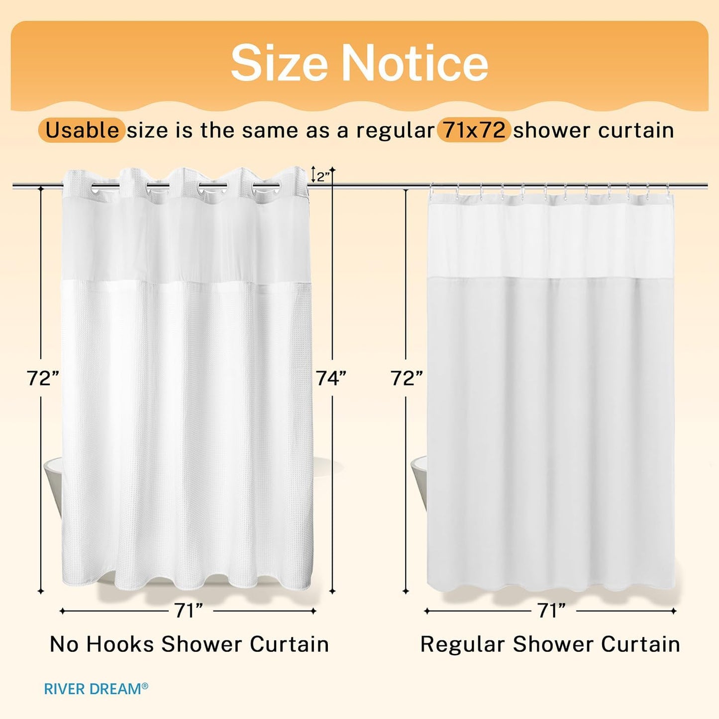 River Dream Heavyweight No Hooks Required Dotted Waffle Weave Shower Curtain with Snap in Liner，Bathroom Curtains Shower Set - 71W x 74H,Hotel Grade,Spa Like Bath Curtain,White