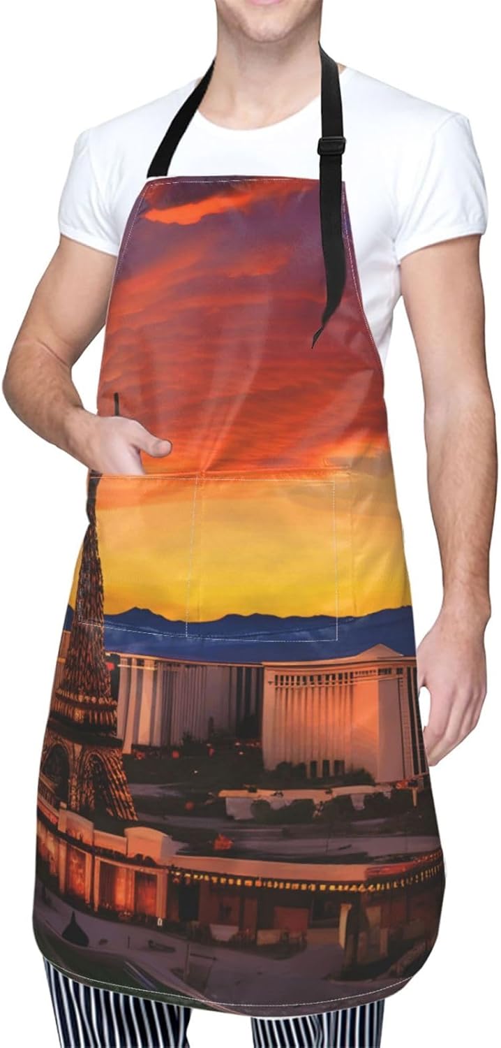 YANYU Las Vegas Sunset Print 28x33 In Kitchen Apron Stylish Chef Apron with Pockets for Cooking Baking Painting