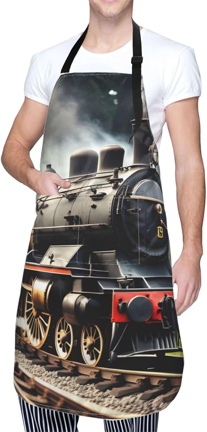 Steam Locomotive Train print Waterproof apron with pocket adjustable cooking apron for adult kitchen bibs to bake