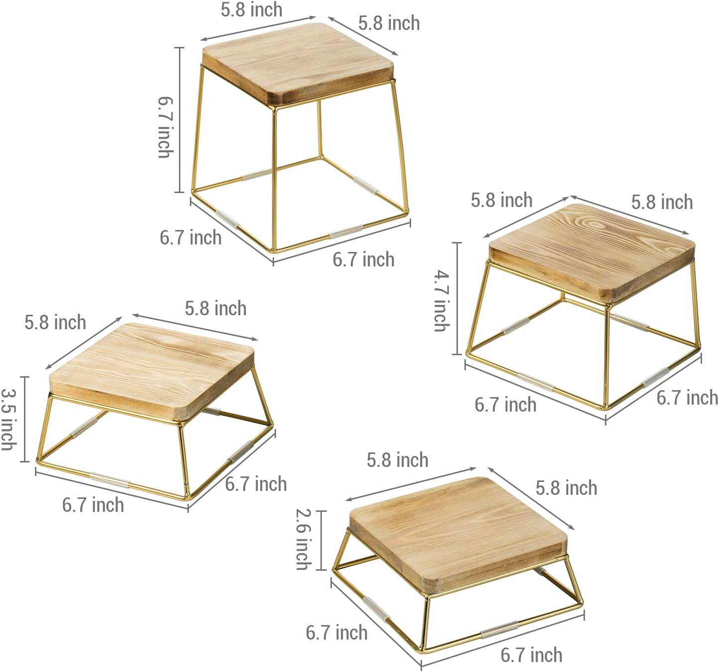 MyGift Gold Food Risers for Display Party, 4-Piece Wood Square Buffet Dessert Stands, Tiered Wooden Riser Set for Pizza, Cupcakes, Ornaments, Perfume or Retail Display