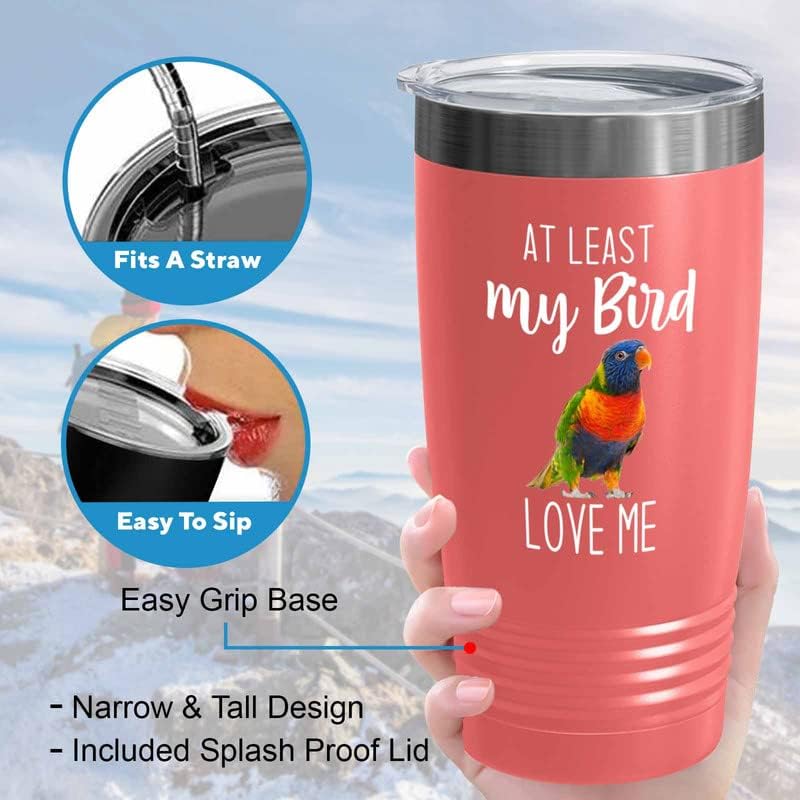 Bird Lover Coral Edition Viking Tumbler 20oz - Bird Loves me - Hummingbird Nest Cage Parrot Dad Gardening Outdoor Birdwatcher Feeder