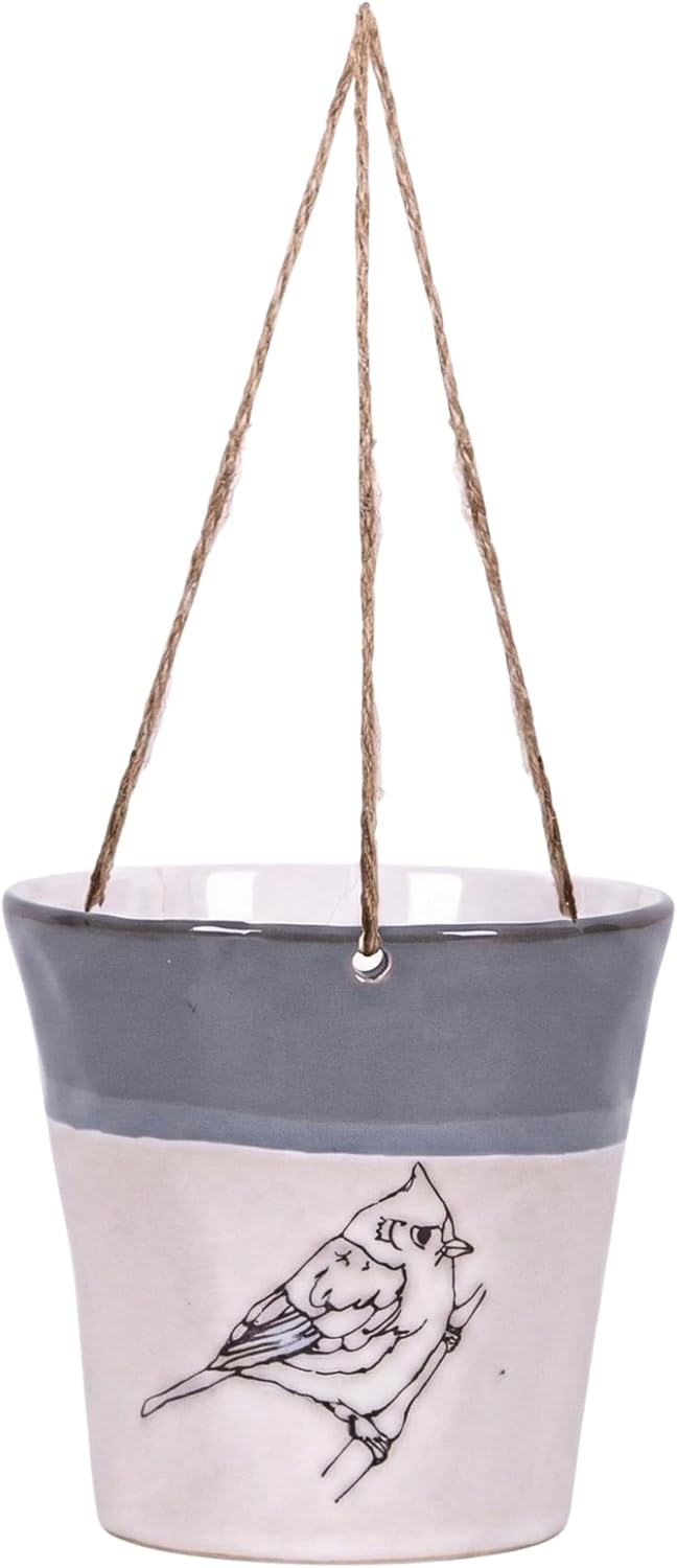 Blue Sky Clayworks 6.5” Hanging Song Blue Planter, Ceramic, 7" x 6" x 6", Sky Band & Perched Bird