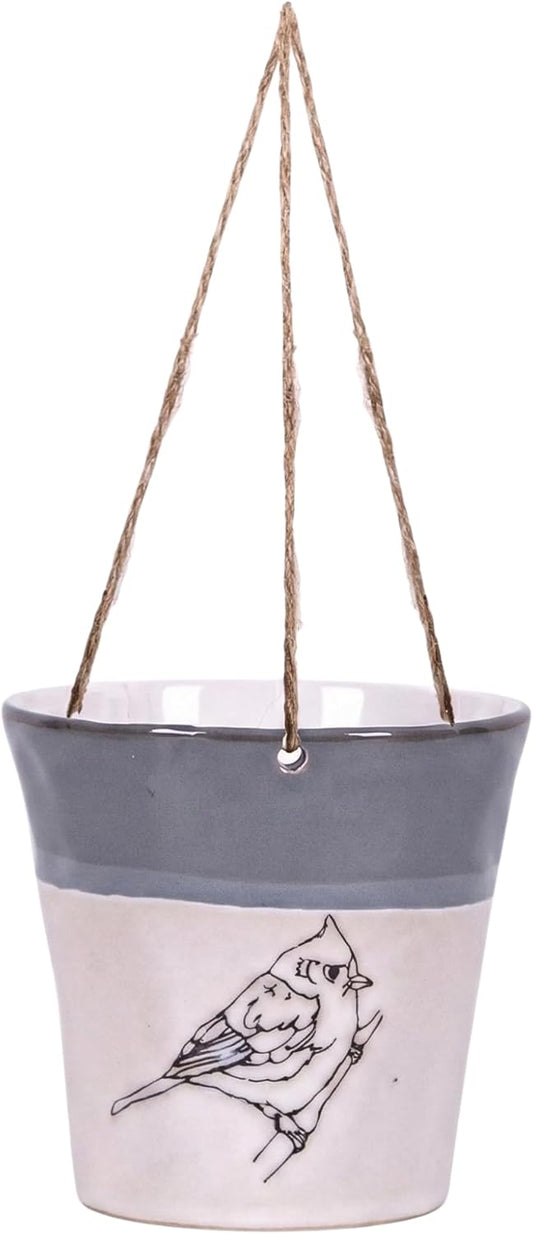 Blue Sky Clayworks 6.5” Hanging Song Blue Planter, Ceramic, 7" x 6" x 6", Sky Band & Perched Bird